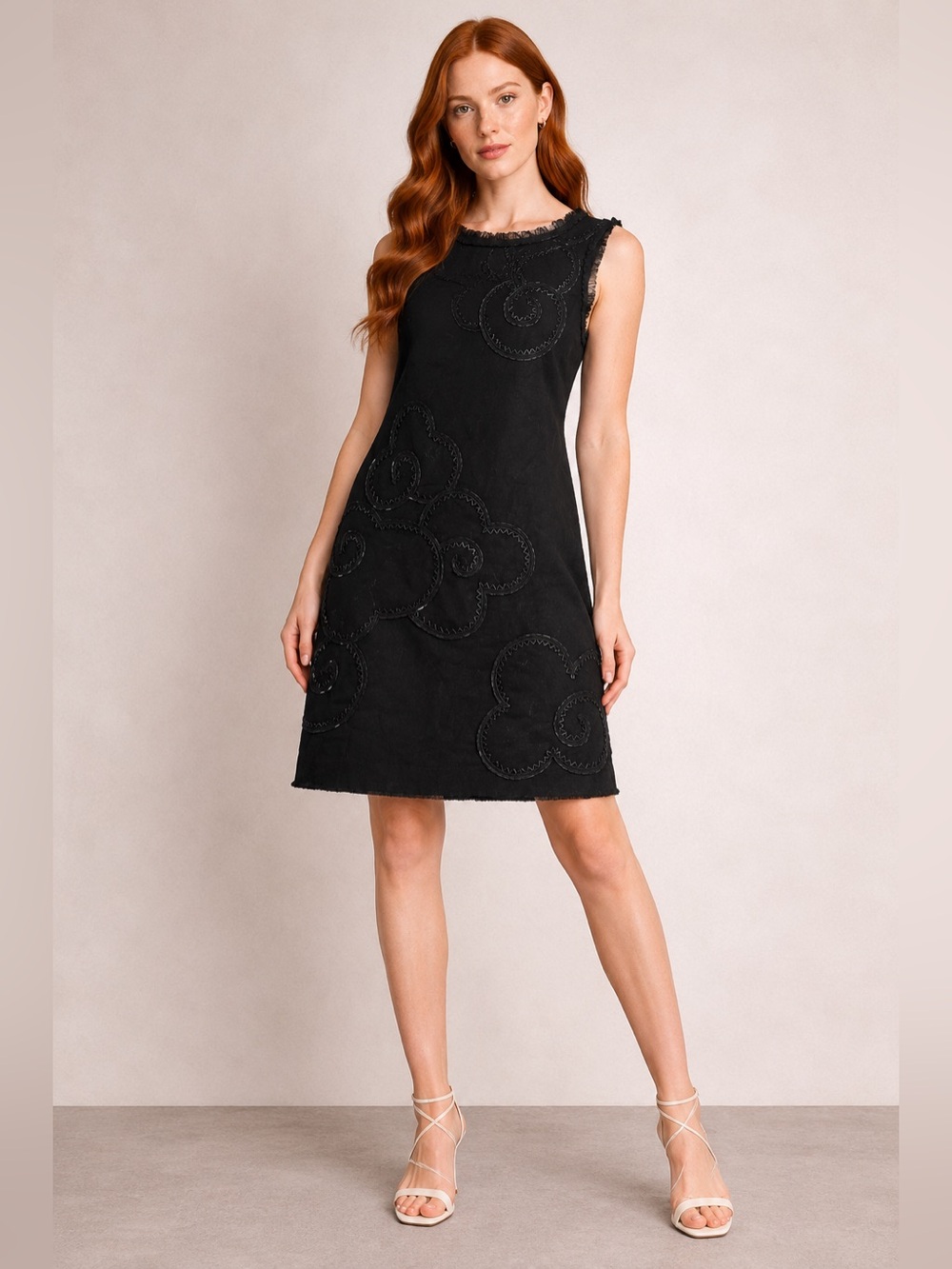 French Connection Black Sleeveless Shift Dress Floral Appliqué Fringe Trim SZ: 8